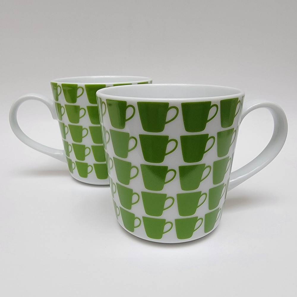Crate & Barrel Coffee Cup of Joe Mugs Set of 2 White Green Cup Pattern Excellent